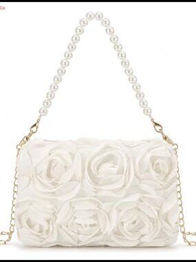 Women Formal Clutch 3D Floral Satin Evening Bag Pearl Handle